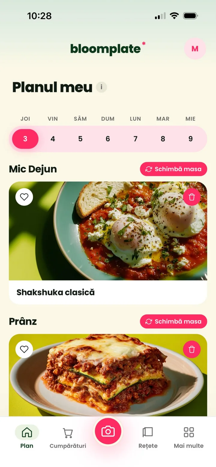 Bloomplate weekly meal plan screen