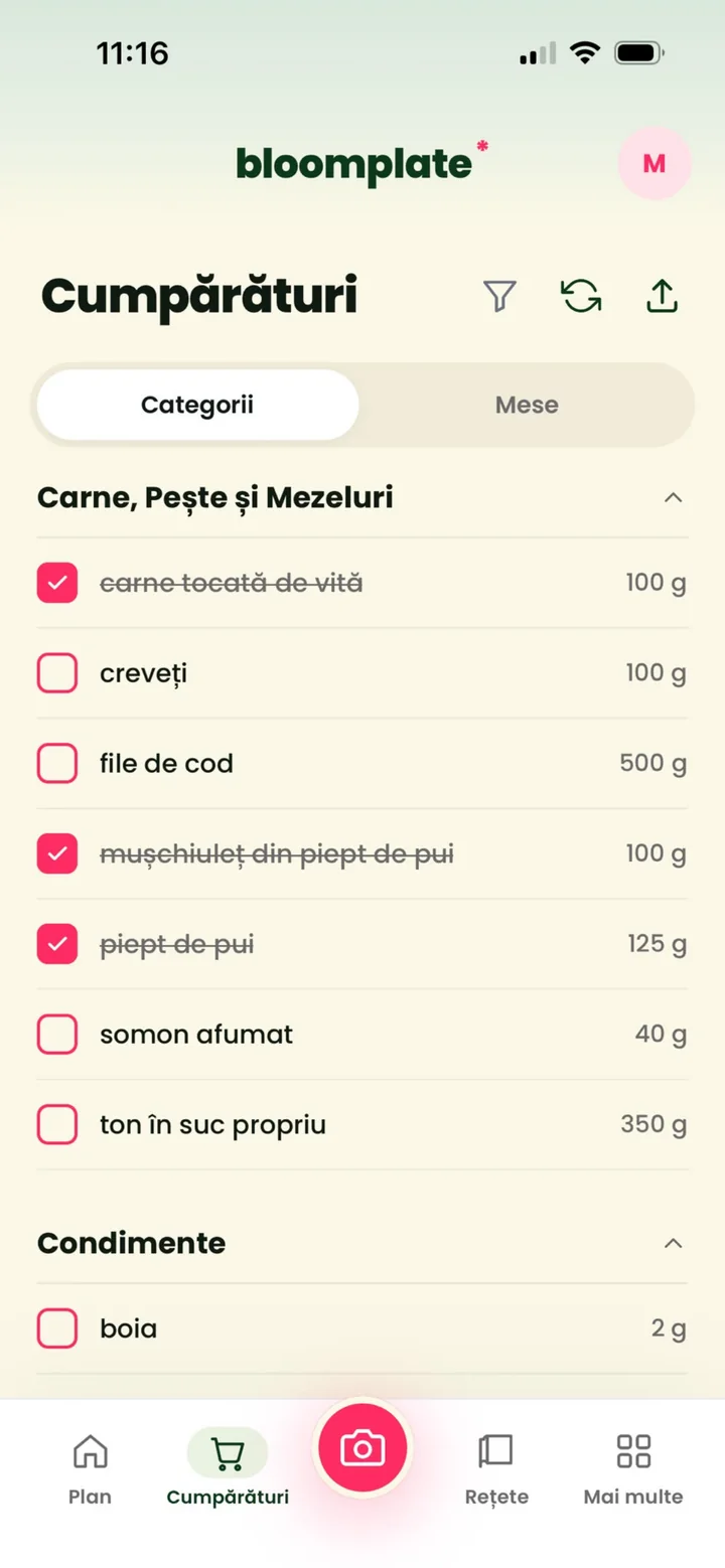 Shopping list generated from the meal plan